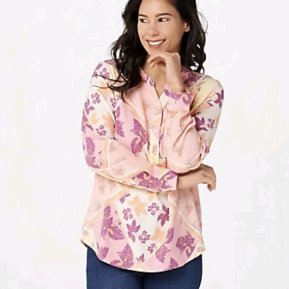 D & Co Pastel Floral Long Sleeve Blouse Size XL